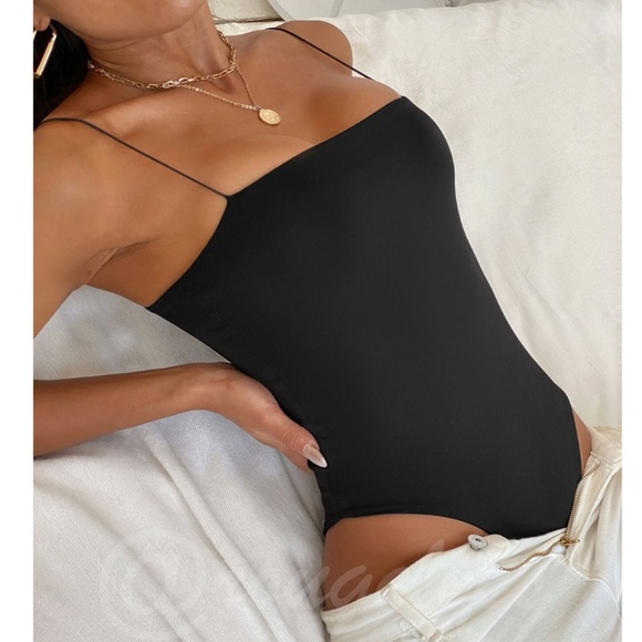 Rouge! Tops - Black Slim Bodysuit Cami Straps  Thick, Double-Layered Stretchy